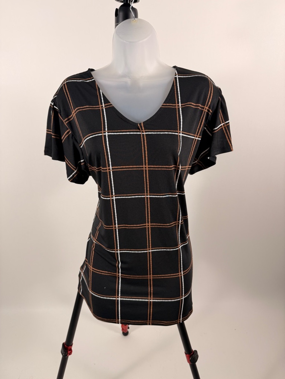 Women's Black Plaid V-Neck Blouse